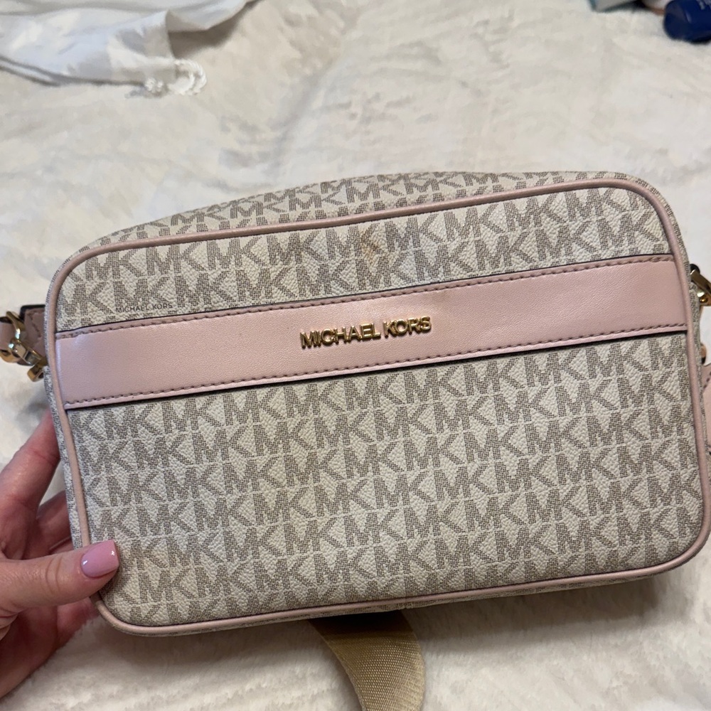 Michael Kors Beige and Pink Logo Crossbody Bag